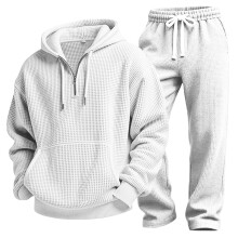 (White,4XL)Athleisure Solid Color Hoodie Pants Set With Waffle Fabric For Men Young