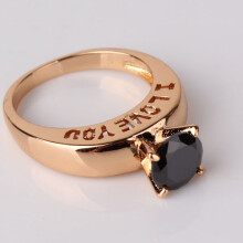 (Gold Black,7)I Love You Chapado en Oro Corte Redondo Cuarzo Negro Estrás Parejas Anillo Propuesta