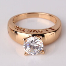 (Gold White,7)Anello proposta coppie strass quarzo nero taglio tondo placcato oro I Love You