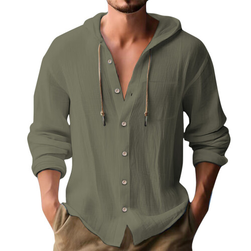 (Red,S)Camisa con capucha de moda para hombre con algodón transpirable de lino para ropa de primavera y verano 1