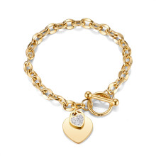 (Heart-shaped Diamond OT Bracelet in gold) Silver Heart Charm Bracelet for Women, Toggle Clasp Chain, Rhinestone Decor Fashion Jewellery