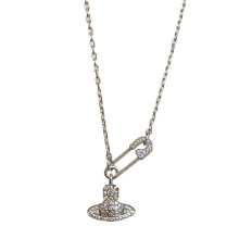 (Silver Saturn) Silver Rhinestone Saturn Safety Pin Necklace for Women, Trendy Pendant Jewellery