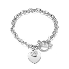 (Love with Diamonds OT Bracelet in Steel Color) Silver Heart Charm Bracelet for Women, Toggle Clasp Chain, Rhinestone Decor Fashion Jewellery
