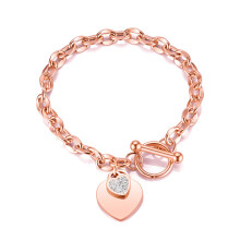 (Heart with Diamonds OT Bracelet in Rose Gold) Silver Heart Charm Bracelet for Women, Toggle Clasp Chain, Rhinestone Decor Fashion Jewellery