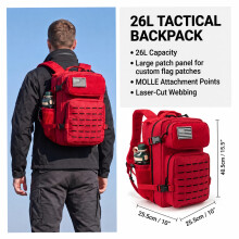 Sac à dos tactique 26L, système MOLLE, 40,5 x 25,5 x 25,5 cm, avec porte-gobelets, rouge