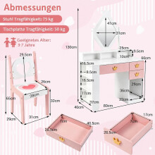 Kinderkaptafelset met kroonspiegel en stoel – wit en roze