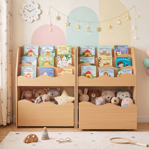 Houten kinderboekenkast met uitschuifbare lade