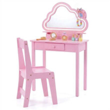 Kinderkaptafelset met LED-wolkenspiegel en krukje - Roze
