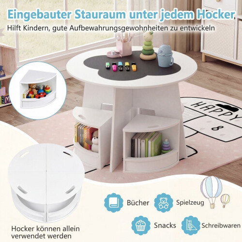 Houten kindertafelset met 4 opbergstoelen, wit 1