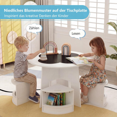 Houten kindertafelset met 4 opbergstoelen, wit 2
