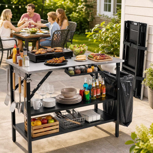 Folding Camping Table with Stainless Steel Worktops