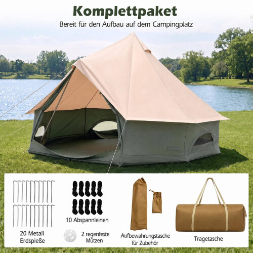 Waterproof Bell Tent with Stove Jack, Mesh Windows, Green 2