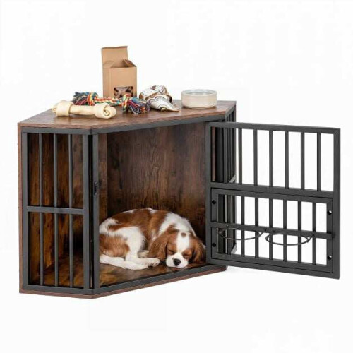Corner Dog Crate & TV Stand with Adjustable Bowl Rack 2