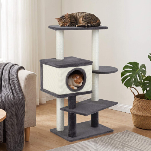 Cat Tree with Sisal Posts & Plush House, 99 cm, Grey 1