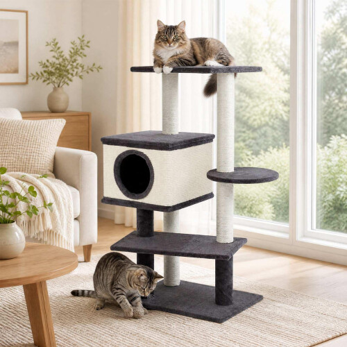 Cat Tree with Sisal Posts & Plush House, 99 cm, Grey 2