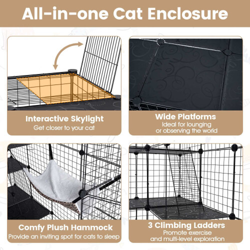 Modular XXL Cat Enclosure with Hammock, Black, 144x144x142 cm 2