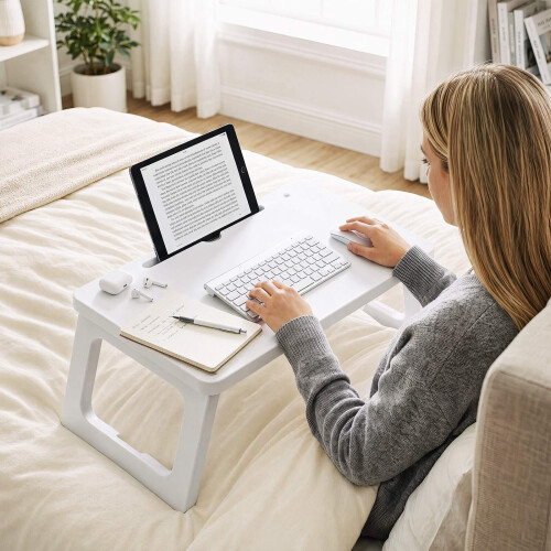 White Folding Bed Tray with Tablet Slot - 59.5 x 39.5 cm 1