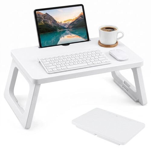 White Folding Bed Tray with Tablet Slot - 59.5 x 39.5 cm 2