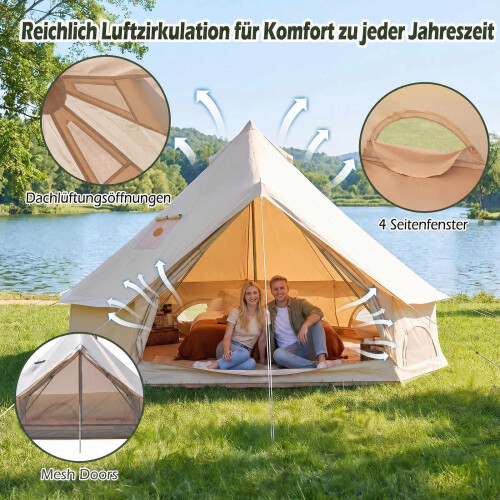 Waterproof Bell Tent with Stove Jack, Mesh Windows, Beige 2