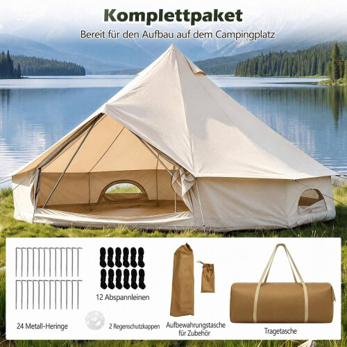 Waterproof Bell Tent with Stove Jack, Mesh Windows, Beige 2