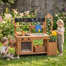 Toddler Mud Kitchen with Sink and Planter Box - Fir Wood
