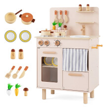 Kids Wooden Play Kitchen Set with Sink & Stove - Beige