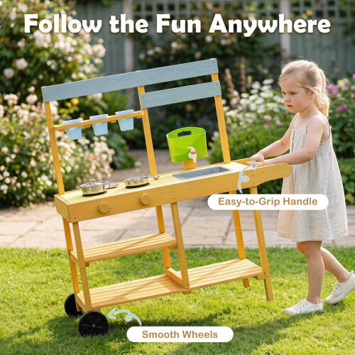 Kids Wooden Mud Kitchen with Wheels and Flowerpots