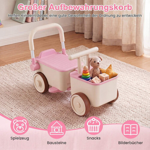 3-in-1 Kids Ride-On Car with Storage Basket - Pink