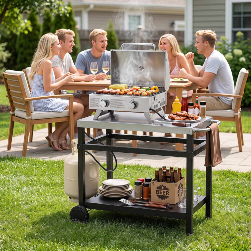 34" x 20" Double-Shelf Grill Table with Steel Top