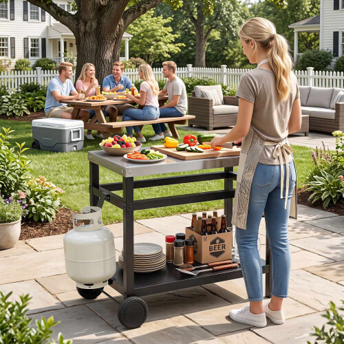 34" x 20" Double-Shelf Grill Table with Steel Top 1