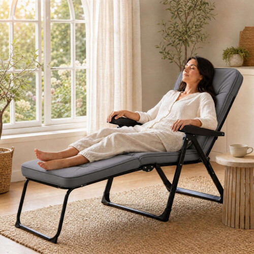 Foldable Sun Lounger with Adjustable Backrest & Cushion 1