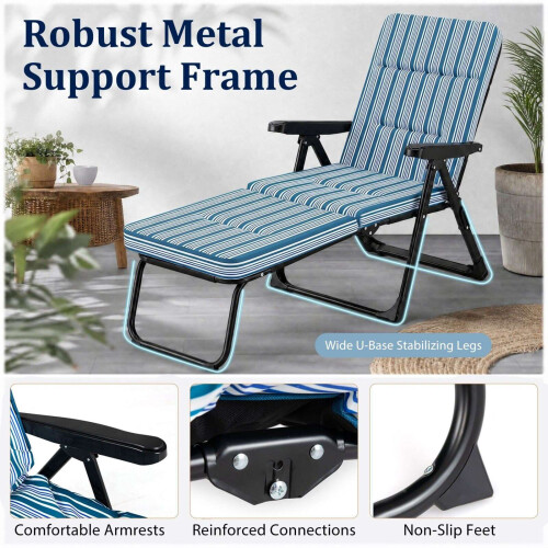 Foldable Blue Sun Lounger with Adjustable Backrest & Cushion 1