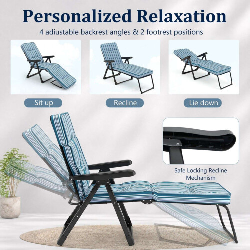 Foldable Blue Sun Lounger with Adjustable Backrest & Cushion 2
