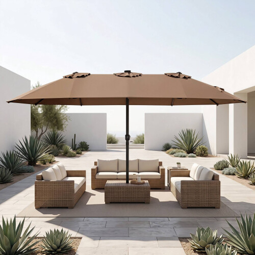 15ft Double-Sided Patio Umbrella, Solar LED Lights, Brown 1