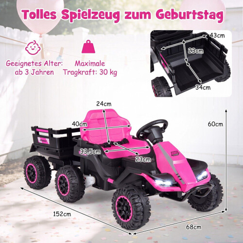 24V Pink Kids' Electric Tractor with Remote & Trailer