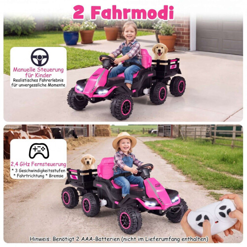 24V Pink Kids' Electric Tractor with Remote & Trailer 1