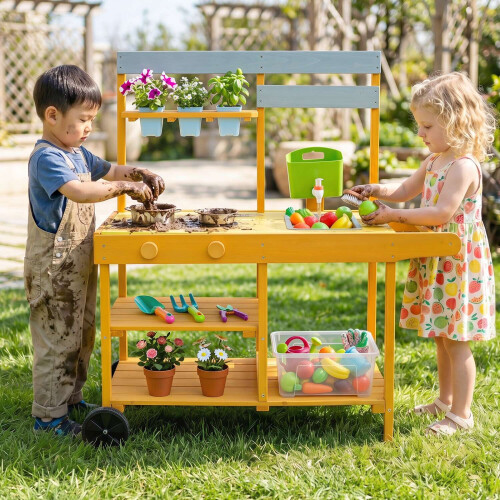 Kids Wooden Mud Kitchen with Wheels and Flowerpots 2