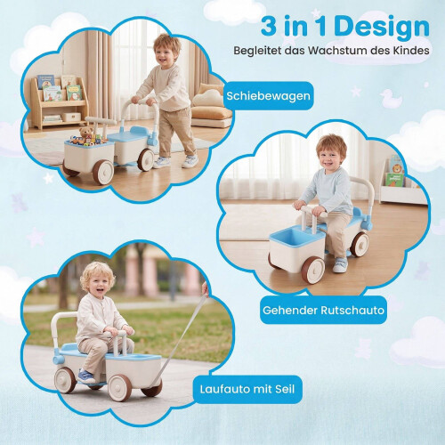 3-in-1 Kids Ride-On Push Car with Storage Basket, Blue 2