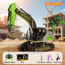 (5 Channel Green) Remote Control Excavator Dump Truck RC Model Car with Light Sound Toy Professional Simulation Construction Vehicle and Accessory