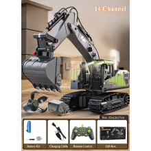 (14 Channel Green) Remote Control Excavator Dump Truck RC Model Car with Light Sound Toy Professional Simulation Construction Vehicle and Accessory