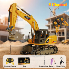 (5 Channel Yellow) Remote Control Excavator Dump Truck RC Model Car with Light Sound Toy Professional Simulation Construction Vehicle and Accessory