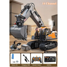 (14 Channel Yellow) Remote Control Excavator Dump Truck RC Model Car with Light Sound Toy Professional Simulation Construction Vehicle and Accessory