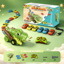 (Dinosaur Green) Remote Control Shark Swallow Car Magnetic Snake Track Toy 2‑Player Competitive Battle RC Car Interactive Educational Game Toy