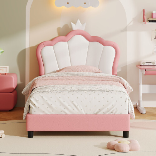 HOMAIRE 3ft PU Upholstered Platform Bed Pink White 2