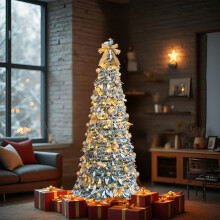 Pre Lit Flocked Christmas Tree Collapsible Pop Up for Home Indoor Decoration Green 1PCS