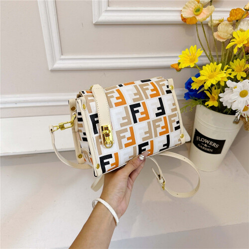 (Orange white) Retro full printed letters small square box bag