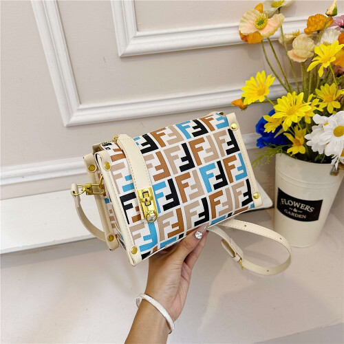 (Blue and white) Retro full printed letters small square box bag
