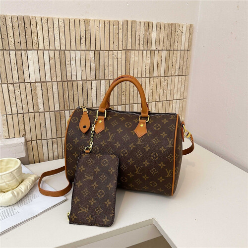 (Brown) Printed cylinder travel tote