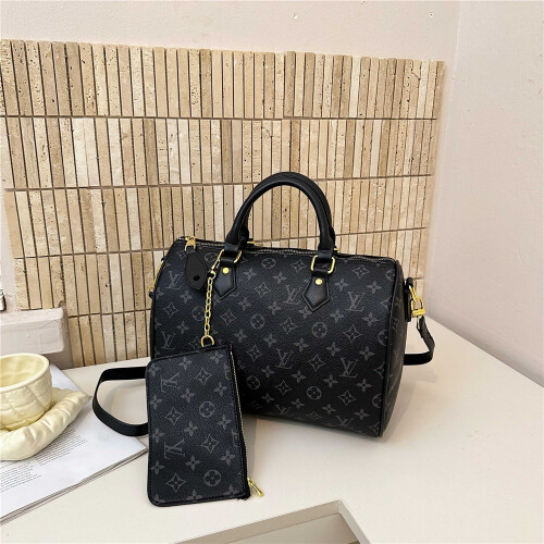 (Black) Printed cylinder travel tote