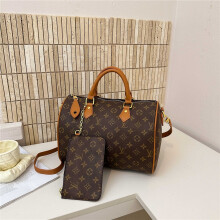 (Brown) Printed cylinder travel tote